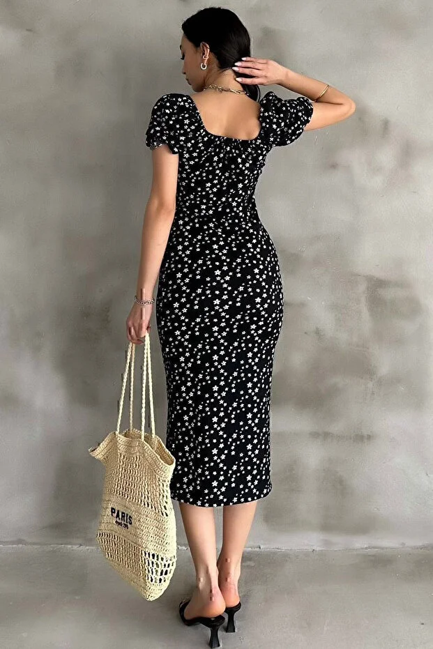 Lastikli U Kare Yakalı Kısa Kollu Fit Kalıp Kurdelalı Likralı Çiçek Desen Yırtmaçlı Diz Altı Elbise - Görsel 2