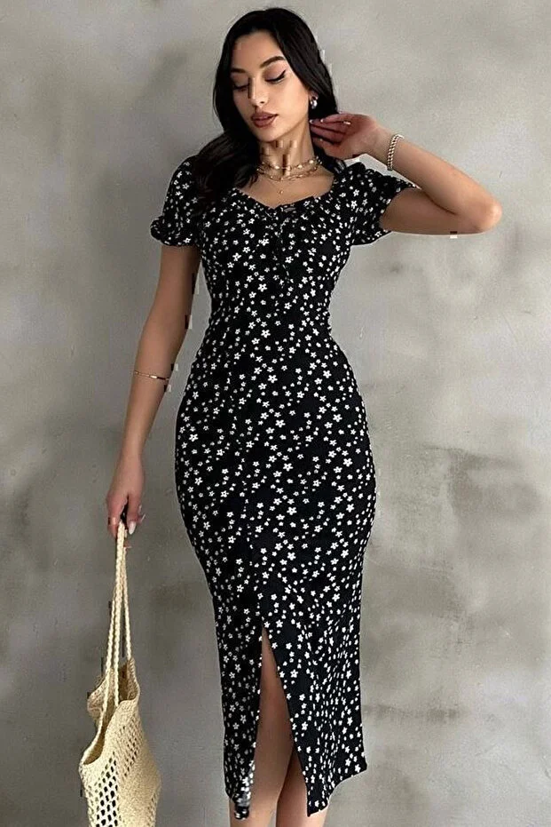 Lastikli U Kare Yakalı Kısa Kollu Fit Kalıp Kurdelalı Likralı Çiçek Desen Yırtmaçlı Diz Altı Elbise - Görsel 3