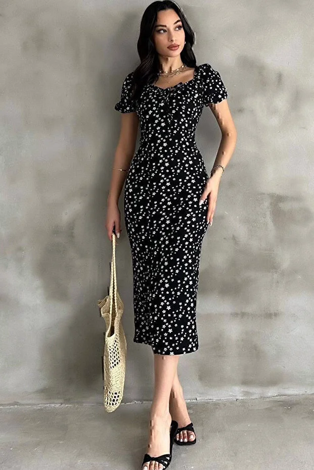 Lastikli U Kare Yakalı Kısa Kollu Fit Kalıp Kurdelalı Likralı Çiçek Desen Yırtmaçlı Diz Altı Elbise - Görsel 4