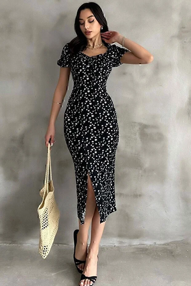 Lastikli U Kare Yakalı Kısa Kollu Fit Kalıp Kurdelalı Likralı Çiçek Desen Yırtmaçlı Diz Altı Elbise - Görsel 5