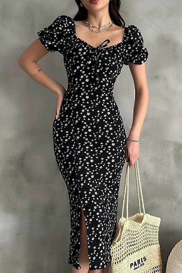 Lastikli U Kare Yakalı Kısa Kollu Fit Kalıp Kurdelalı Likralı Çiçek Desen Yırtmaçlı Diz Altı Elbise - Görsel 6