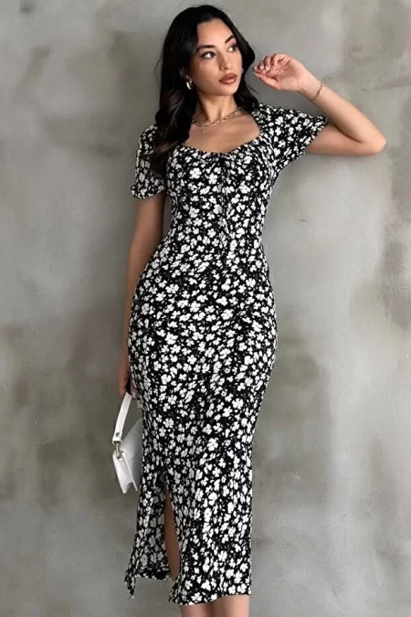 Papatya Desen Karpuz Kol Siyah Elbise