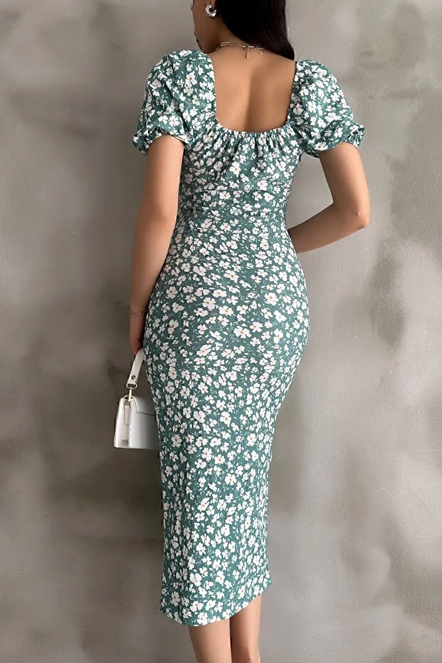 Mint Yeşili Desenli Yırtmaçlı Midi Elbise - Görsel 2