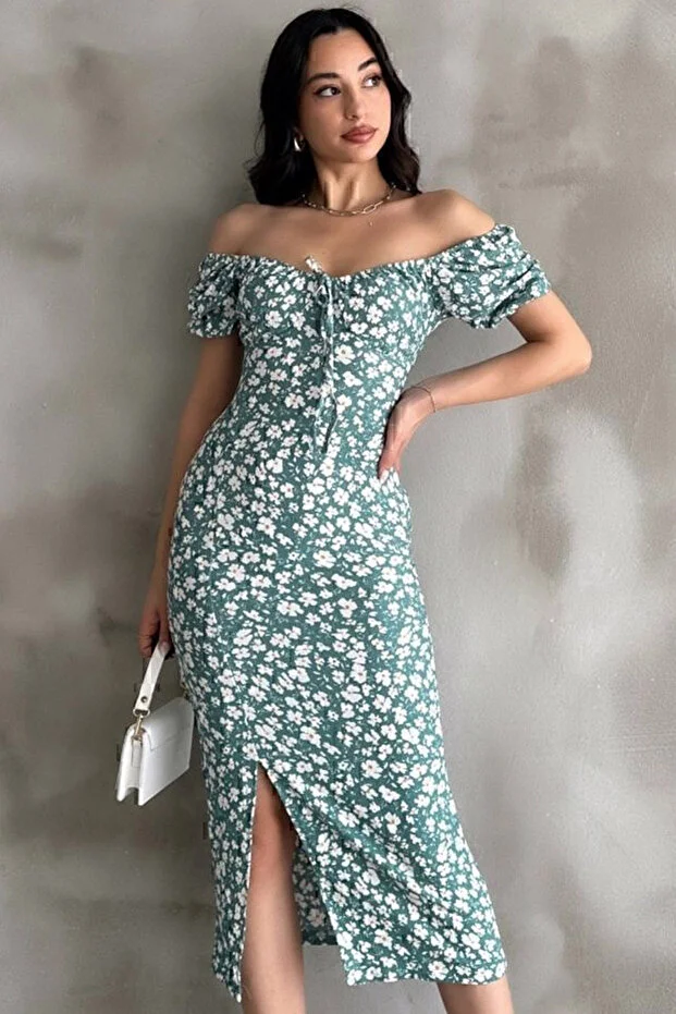 Mint Yeşili Desenli Yırtmaçlı Midi Elbise - Görsel 3