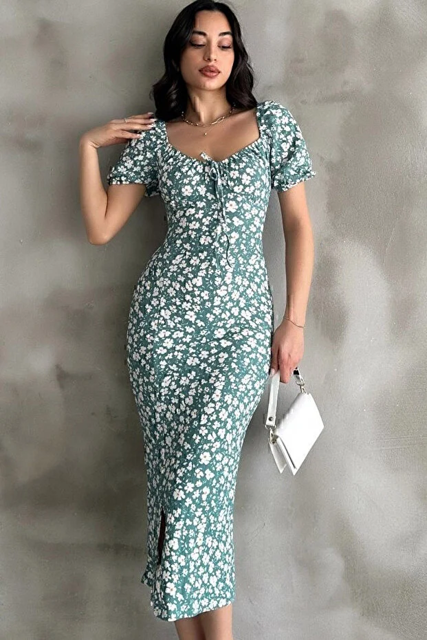 Mint Yeşili Desenli Yırtmaçlı Midi Elbise - Görsel 4