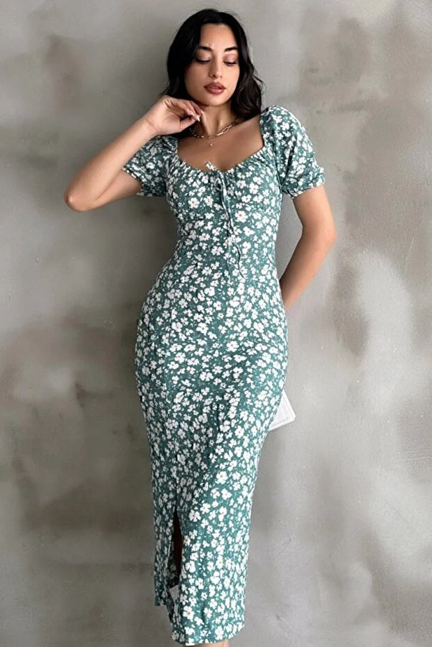 Mint Yeşili Desenli Yırtmaçlı Midi Elbise - Görsel 5