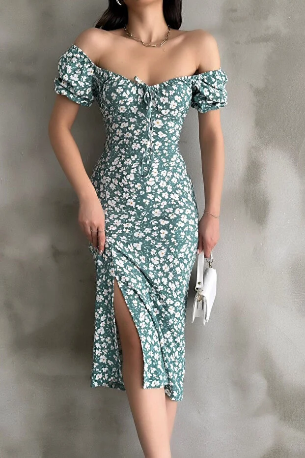 Mint Yeşili Desenli Yırtmaçlı Midi Elbise - Görsel 6