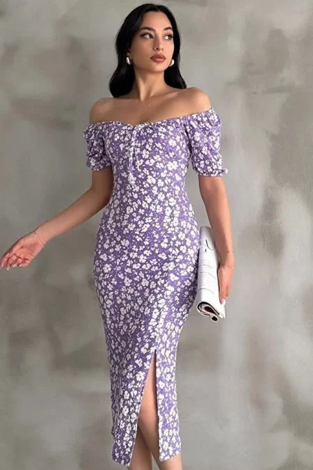 Lastikli U Kare Yakalı Kısa Kollu Fit Kalıp Kurdelalı Likralı Çiçek Desen Yırtmaçlı Diz Altı Elbise