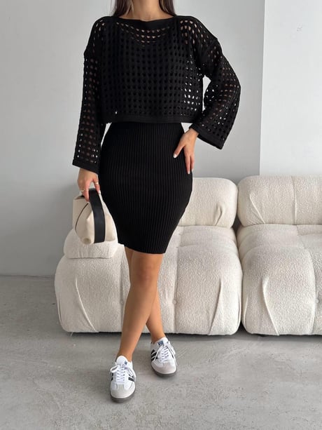 Kadın Delikli Kazak Askılı Elbise Triko Kumaş İkili Takım - Görsel 2