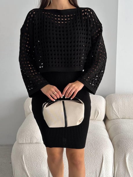 Kadın Delikli Kazak Askılı Elbise Triko Kumaş İkili Takım - Görsel 3