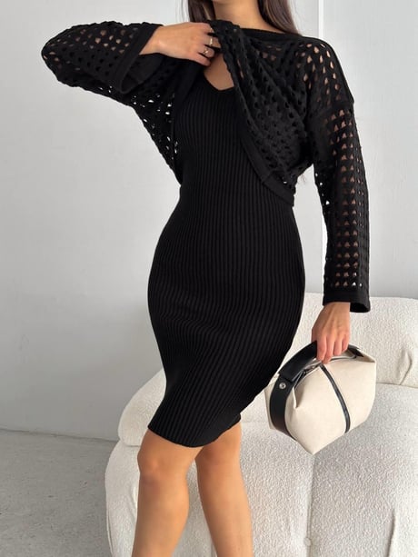 Kadın Delikli Kazak Askılı Elbise Triko Kumaş İkili Takım - Görsel 4