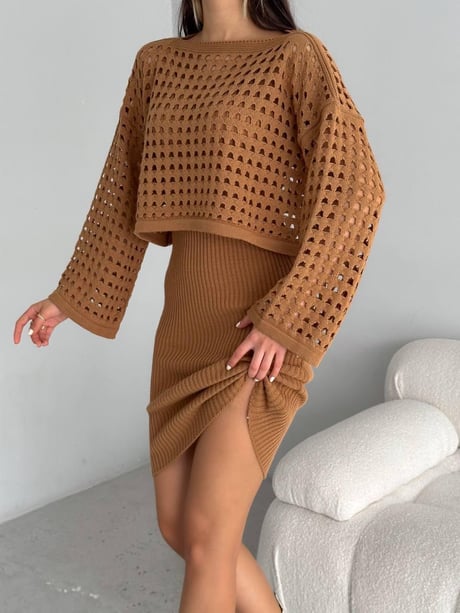 Kadın Delikli Kazak Askılı Elbise Triko Kumaş İkili Takım - Kahve - Görsel 3