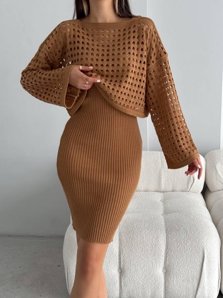 Kadın Delikli Kazak Askılı Elbise Triko Kumaş İkili Takım - Kahve - Görsel 4