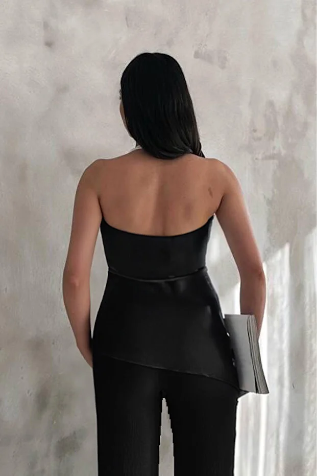 Kadın Siyah Degaje Yaka Bluz ve Pantolon İkili Takım - Görsel 4