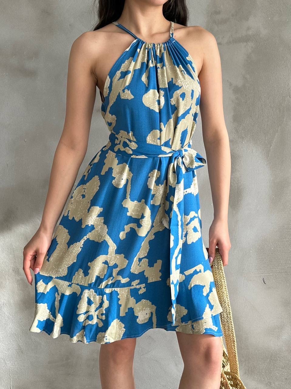 Kadın Mavi Bej Desenli Halter Yaka Kuşaklı Yazlık Elbise - Görsel 2