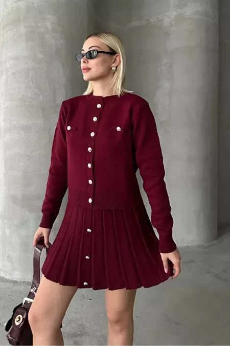 Kadın Triko Mini Etek Hırka Takım – Bordo
