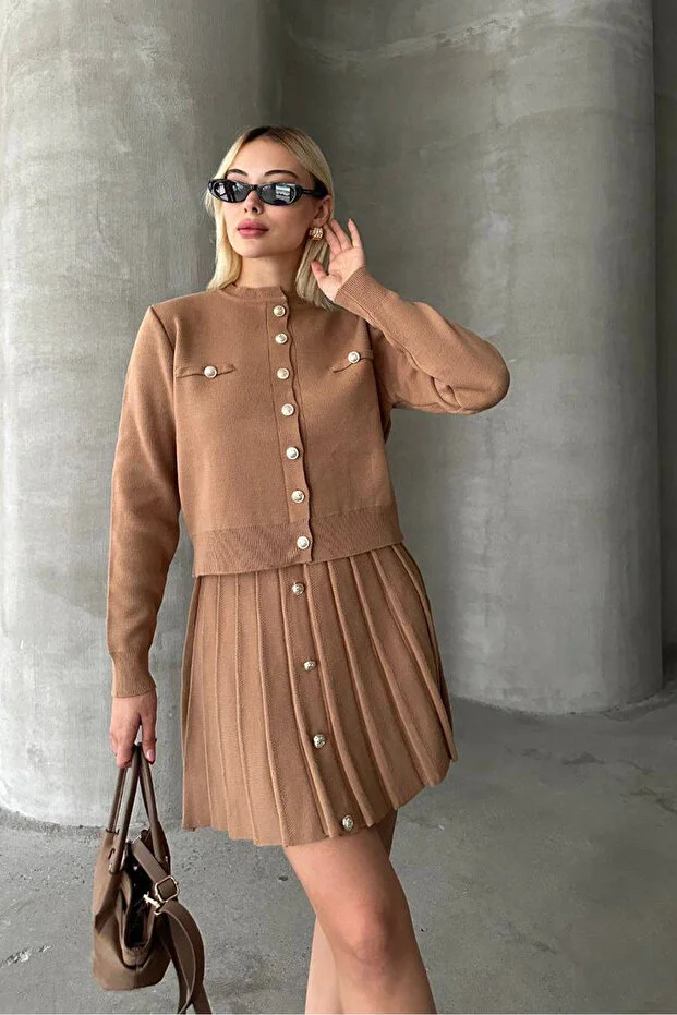 Kadın Triko Mini Etek Hırka Takım – Camel - Görsel 2