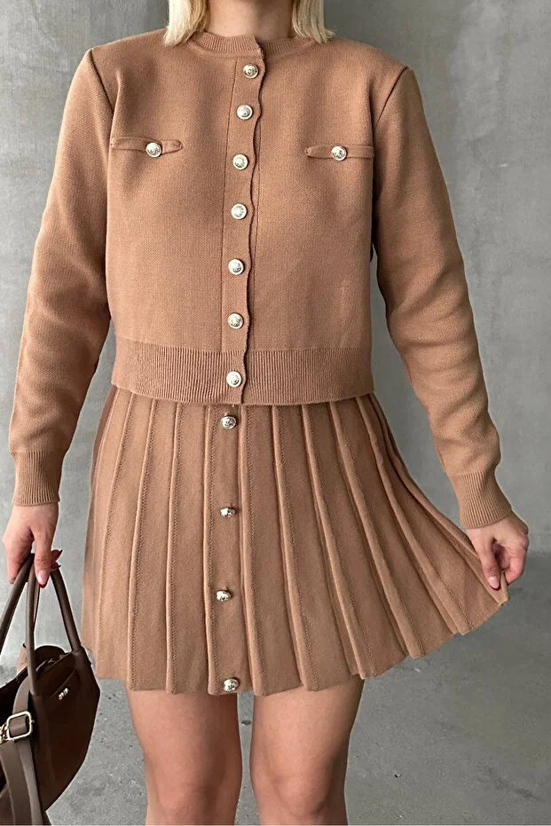 Kadın Triko Mini Etek Hırka Takım – Camel - Görsel 3