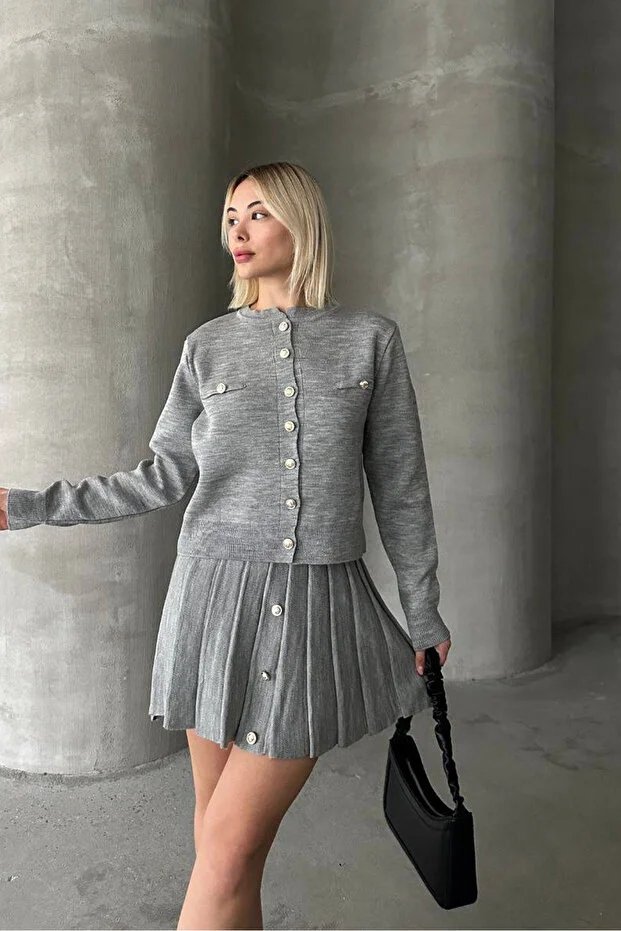 Kadın Triko Mini Etek Hırka Takım – Gri - Görsel 2