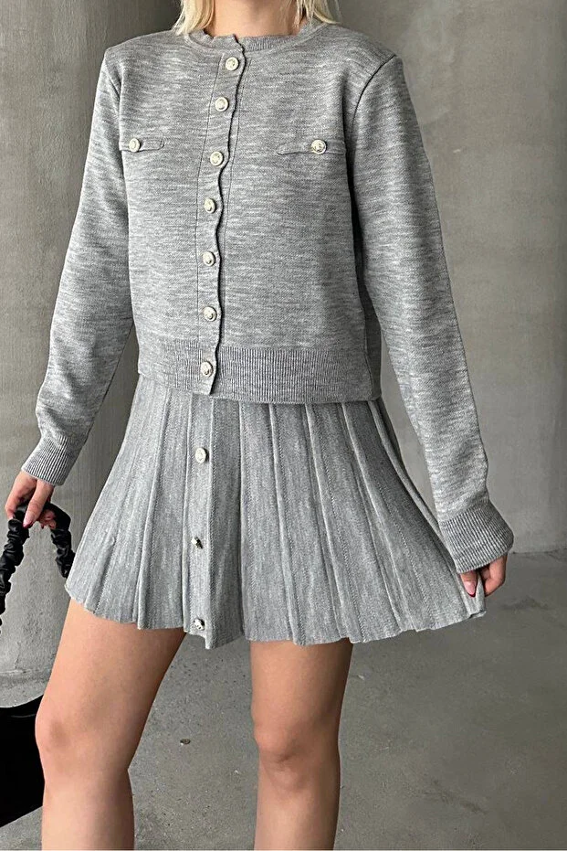 Kadın Triko Mini Etek Hırka Takım – Gri - Görsel 3