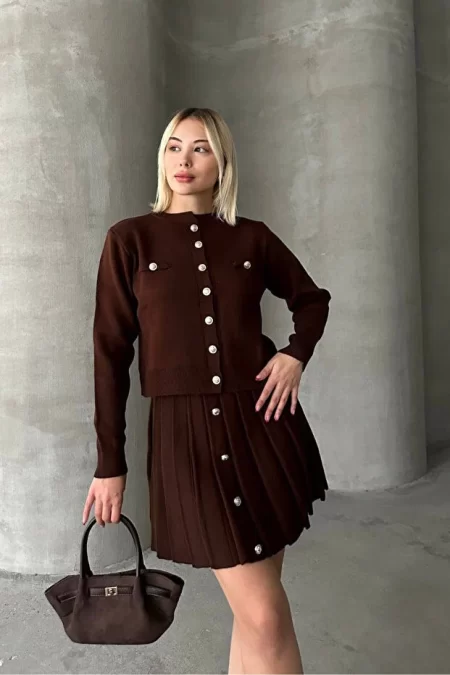 Krem Mini Etek Hırka Kadın Kahverengi Alt Üst Takım