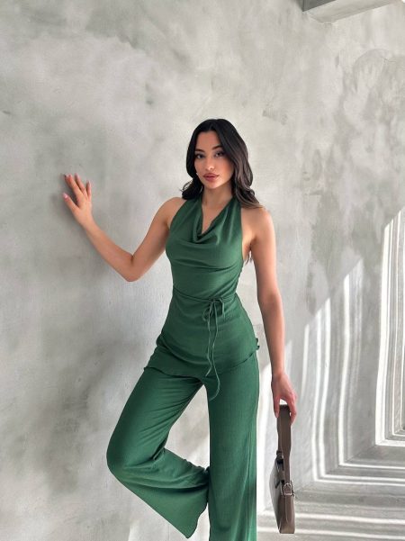 Kadın Yeşil Degaje Yaka Bluz ve Pantolon İkili Takım