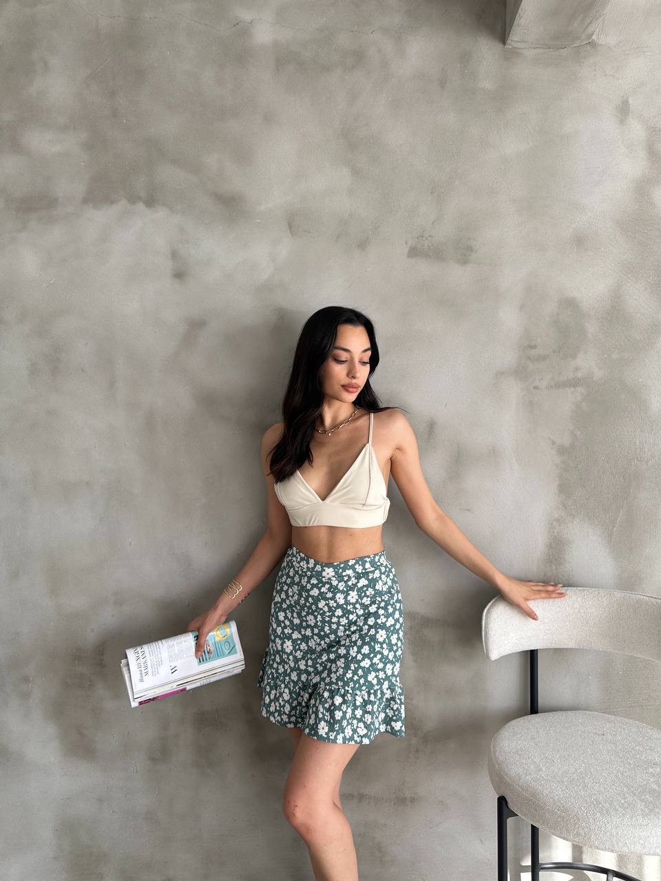 Kadın Yeşil Çiçek Desenli Mini Şort Etek