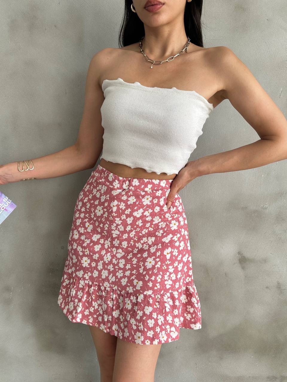 Kadın Pembe Çiçek Desenli Mini Şort Etek - Görsel 2