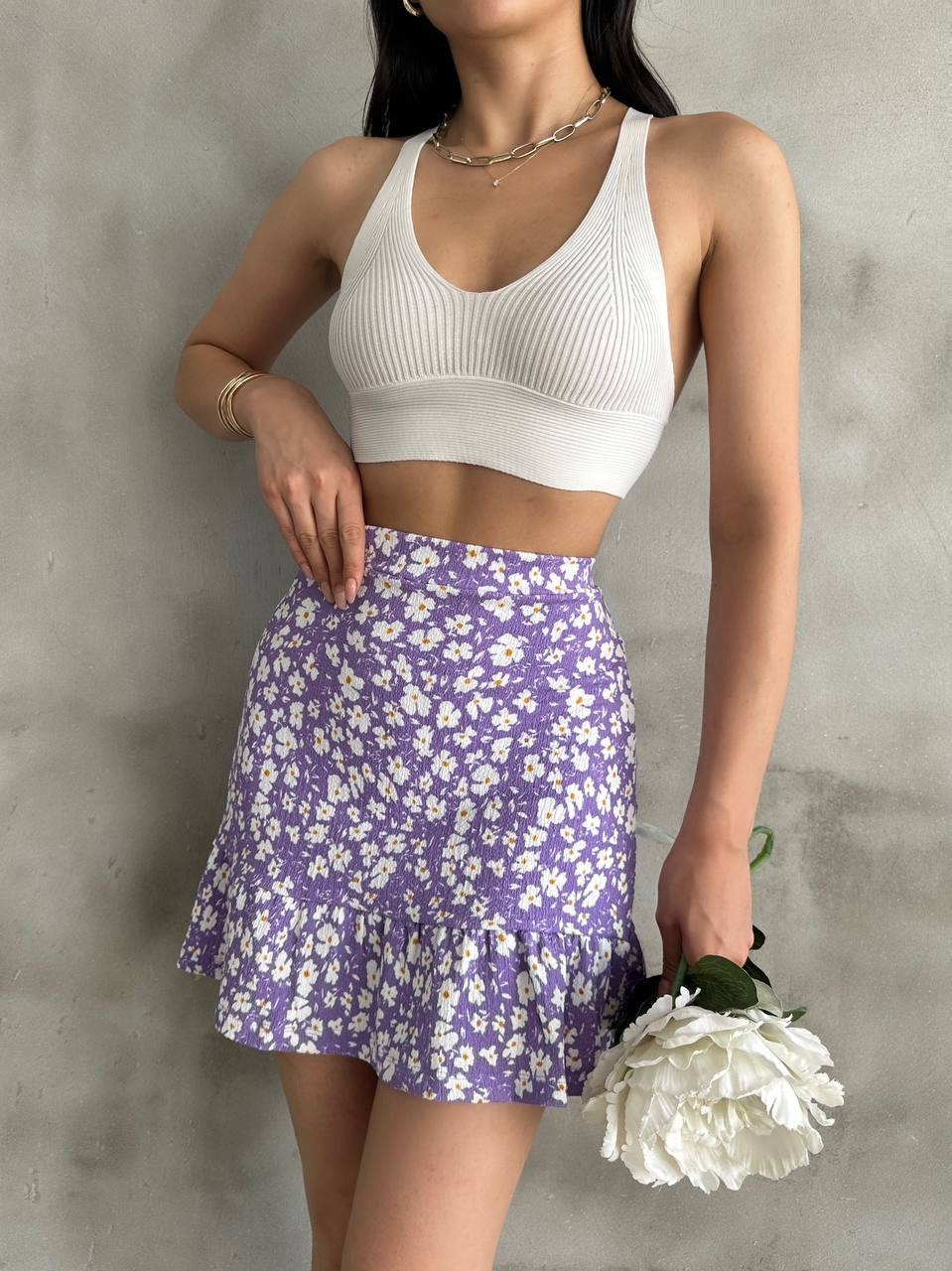 Kadın Lila Çiçek Desenli Mini Şort Etek - Görsel 2
