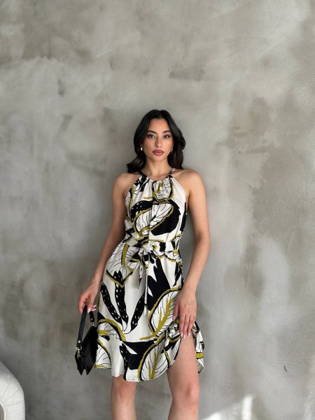 Kadın Boyundan Ayarlamalı Kuşaklı Desenli Kloş Elbise