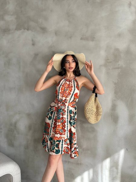 Kadın Desenli Boyundan Ayarlamalı Kuşaklı Kloş Elbise