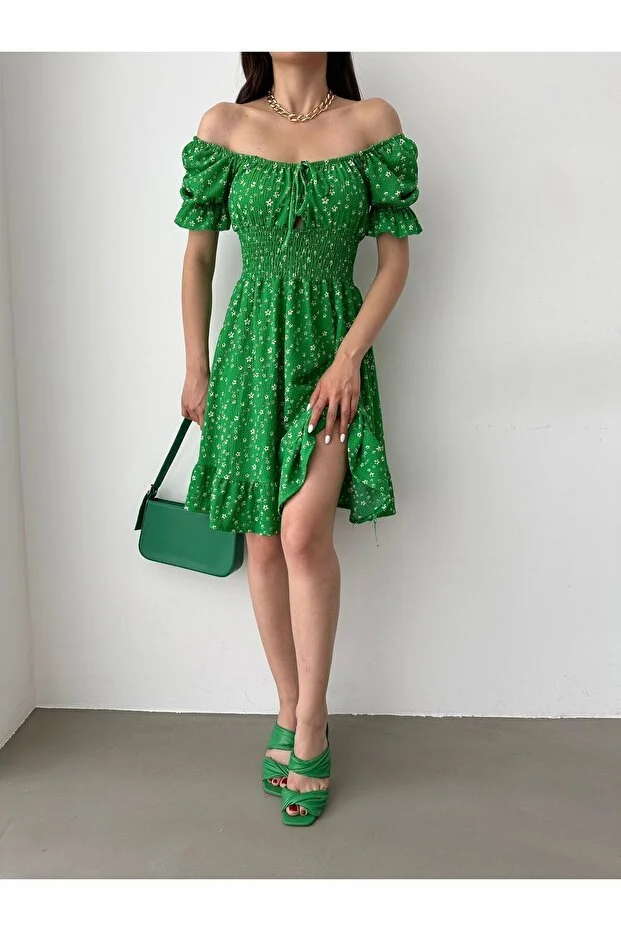 Kayık Yaka Çiçek Desenli Bürümcük Mini Elbise – Yeşil - Görsel 2