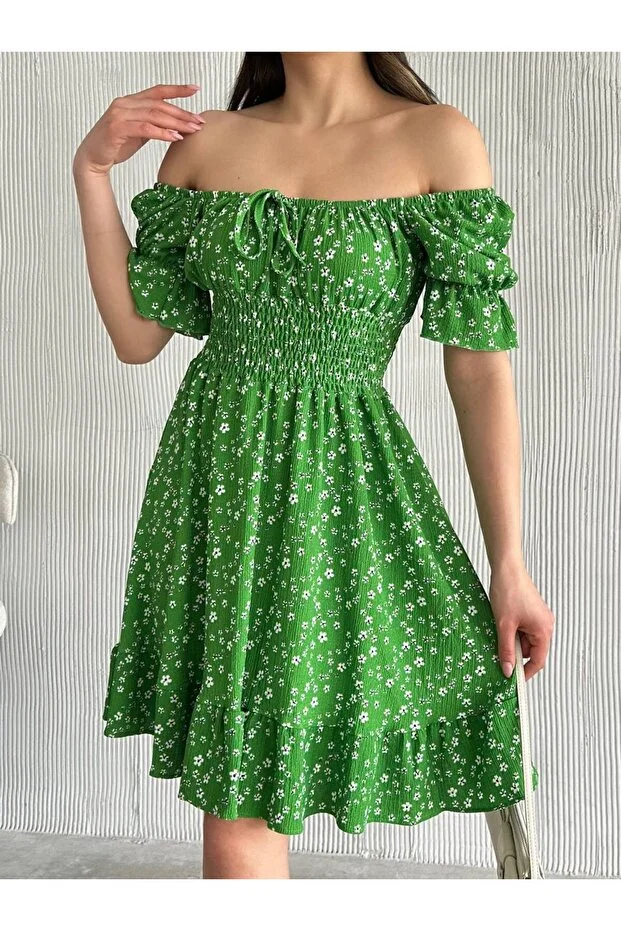 Kayık Yaka Çiçek Desenli Bürümcük Mini Elbise – Yeşil - Görsel 6