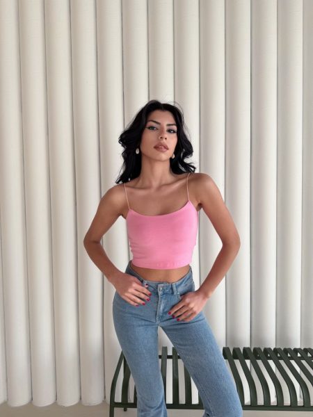Kadın İp Askılı Kısa Crop - Pembe