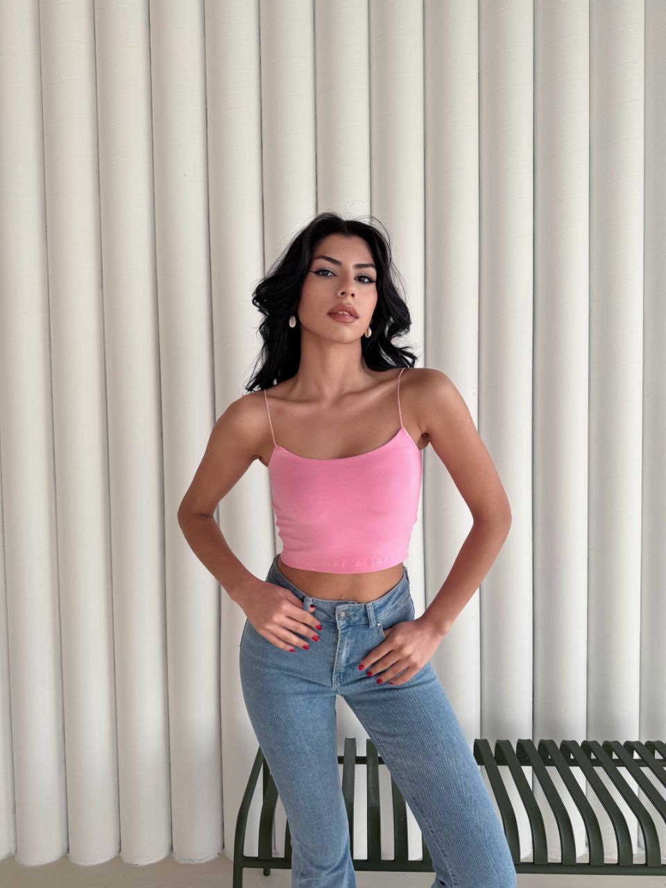 Kadın İp Askılı Kısa Crop - Pembe