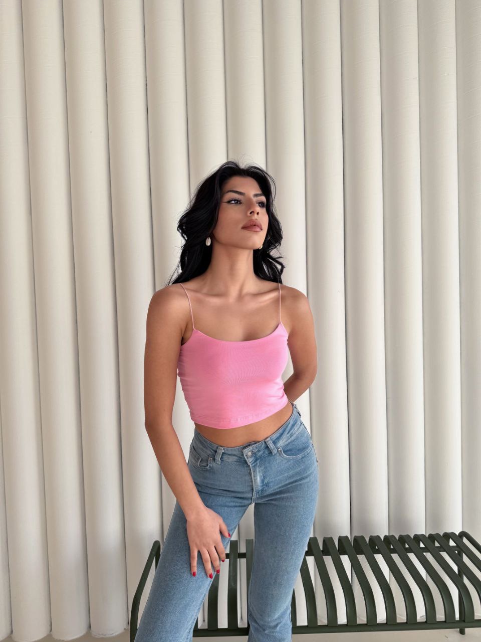 Kadın İp Askılı Kısa Crop - Pembe - Görsel 3