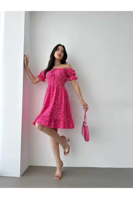 Kayık Yaka Gipeli Bürümcük Mini Elbise – Pembe