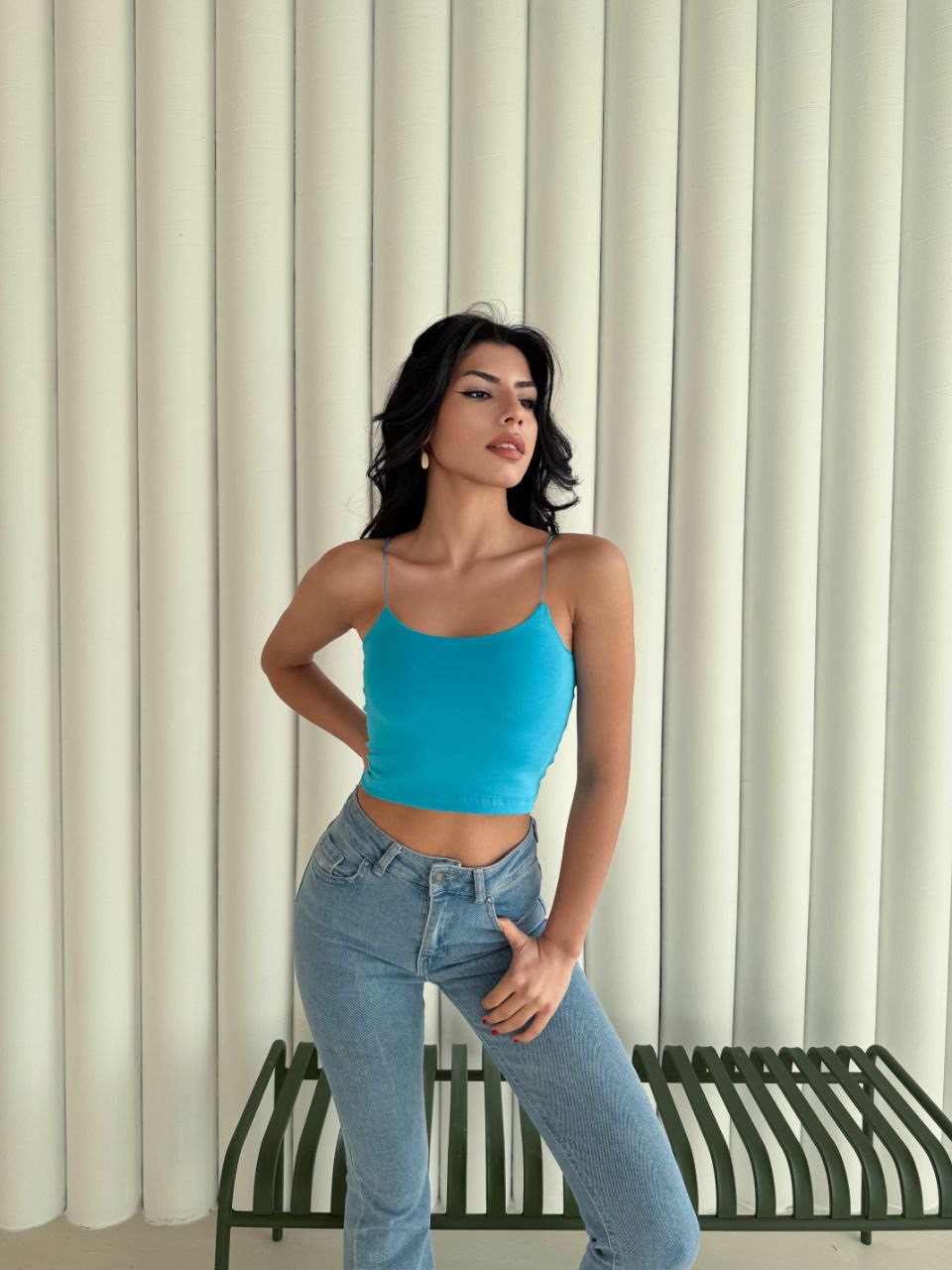 Kadın İp Askılı Kısa Crop - Mavi - Görsel 3