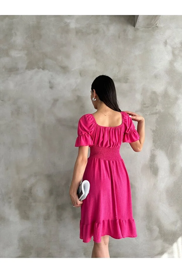 Büzgü ve Fırfırlı Kayık Yaka Mini Elbise – Pembe - Görsel 3