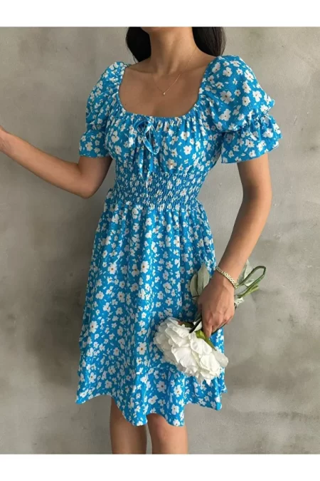 Çiçek Desenli Mini Kayık Yaka Elbise – Mavi