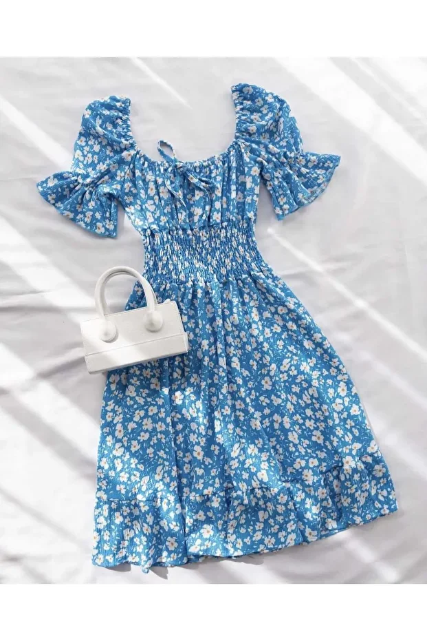 Çiçek Desenli Mini Kayık Yaka Elbise – Mavi - Görsel 2