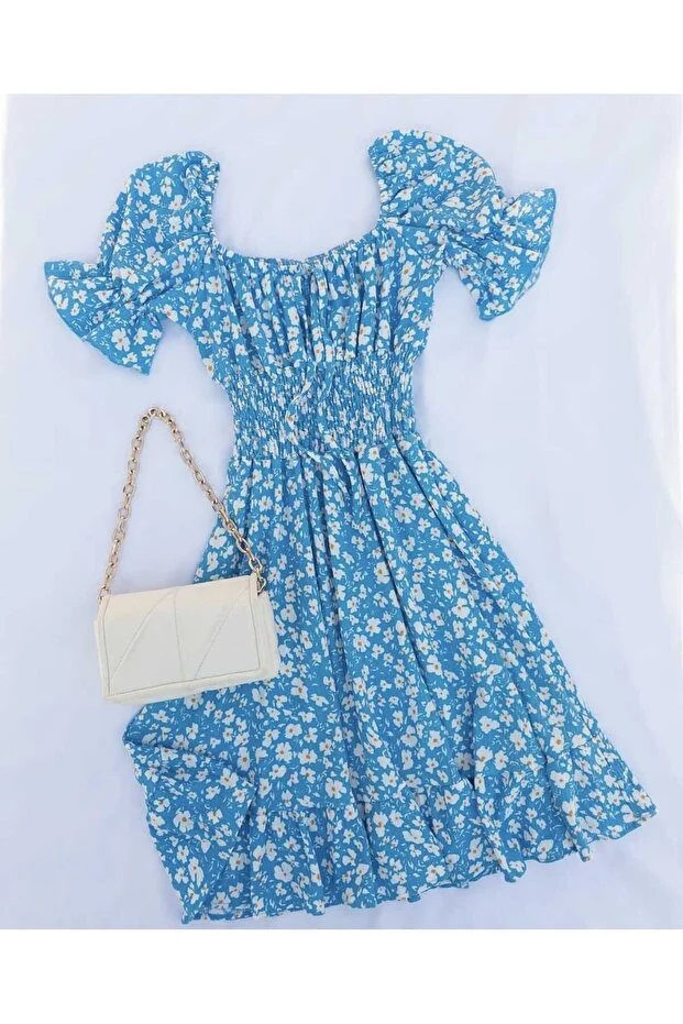 Çiçek Desenli Mini Kayık Yaka Elbise – Mavi - Görsel 3