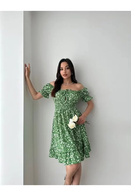 Kayık Yaka Büzgü Detaylı Mini Elbise - Yeşil