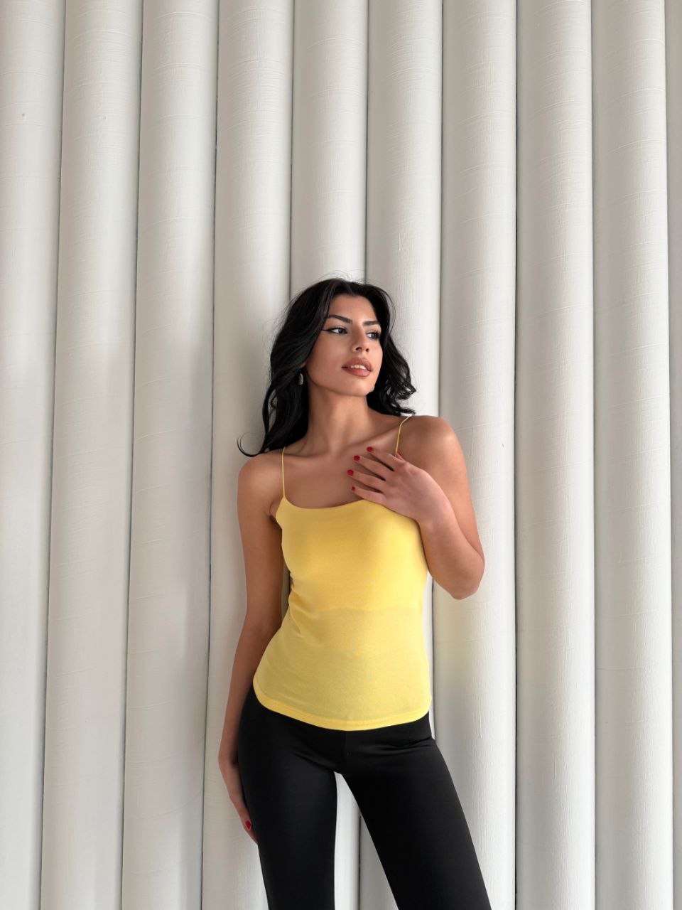 Kadın İp Askılı Uzun Crop - Sarı - Görsel 3