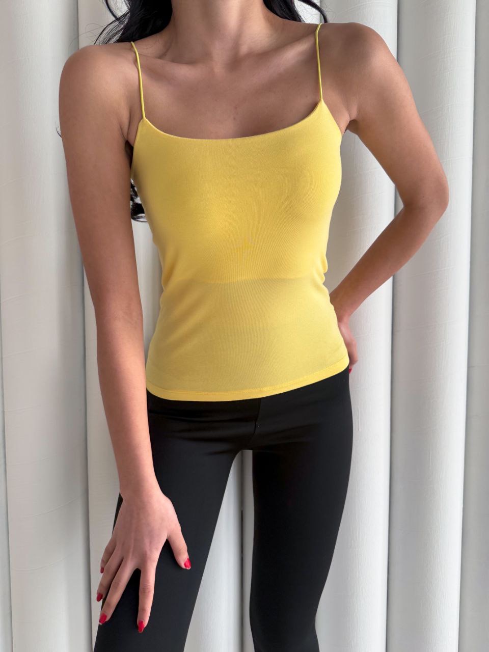 Kadın İp Askılı Uzun Crop - Sarı - Görsel 4