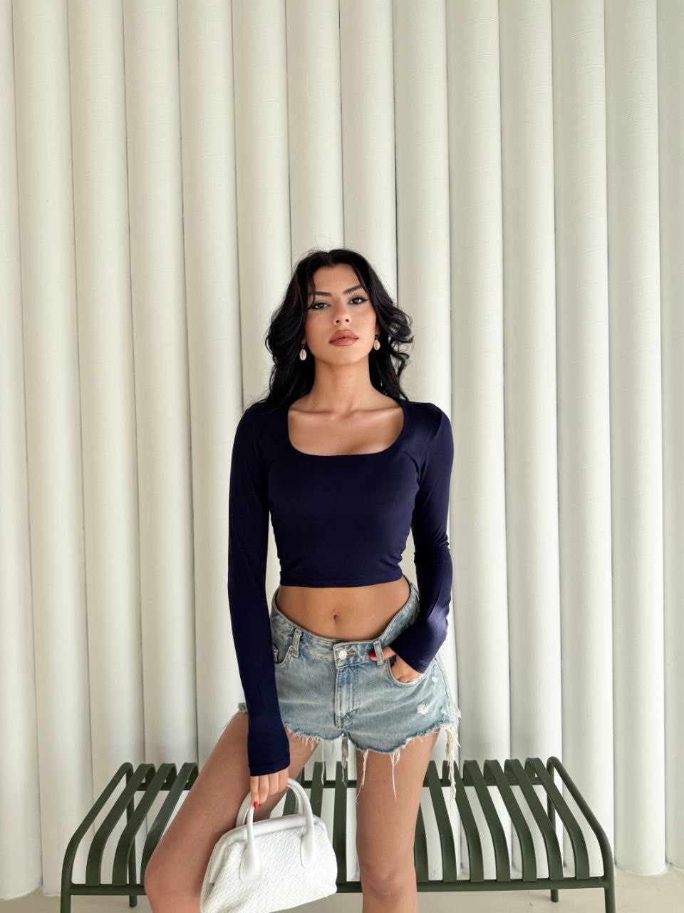 Kadın Kare Yaka Uzun Kol Bluz - Lacivert - Görsel 2