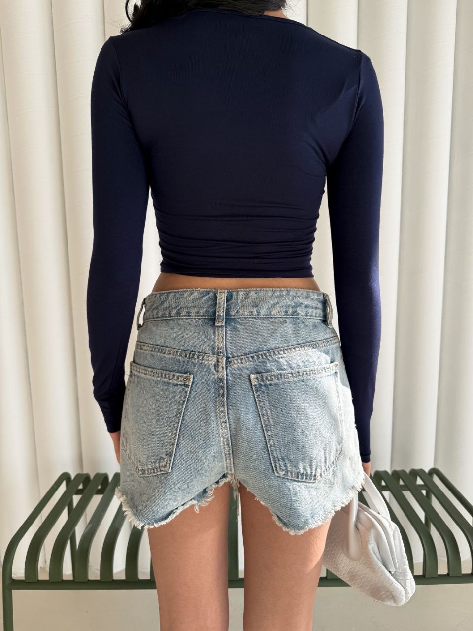 Kadın Kare Yaka Uzun Kol Bluz - Lacivert - Görsel 5