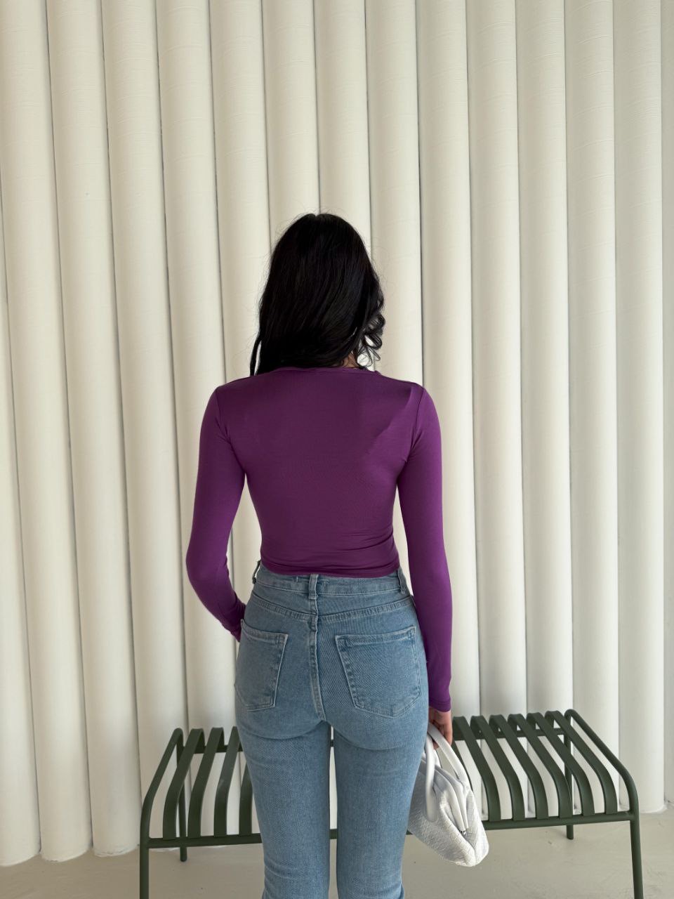 Kadın Kare Yaka Uzun Kol Bluz - Mor - Görsel 5
