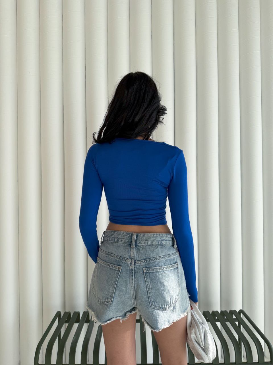 Kadın Kare Yaka Uzun Kol Bluz - Mavi - Görsel 3