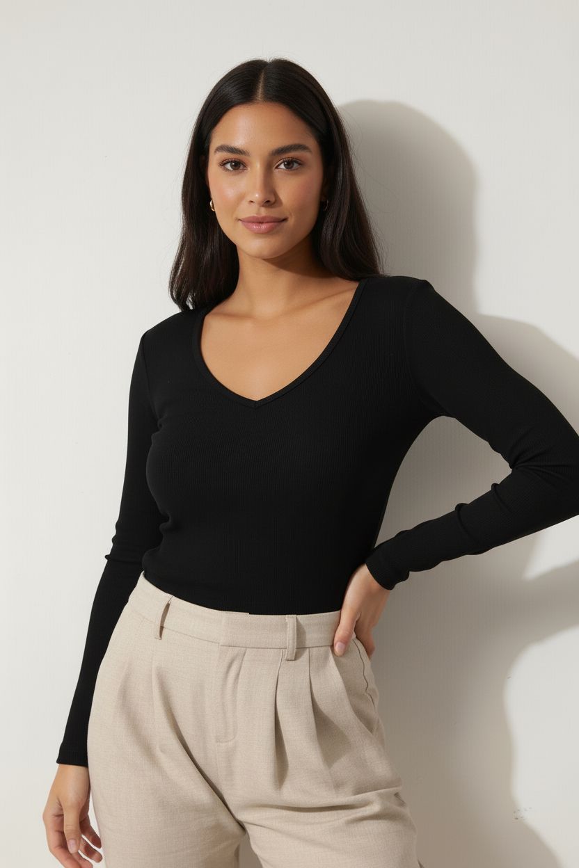 Siyah V Yaka Uzun Kollu Fitilli Kadın Bluz - Görsel 3